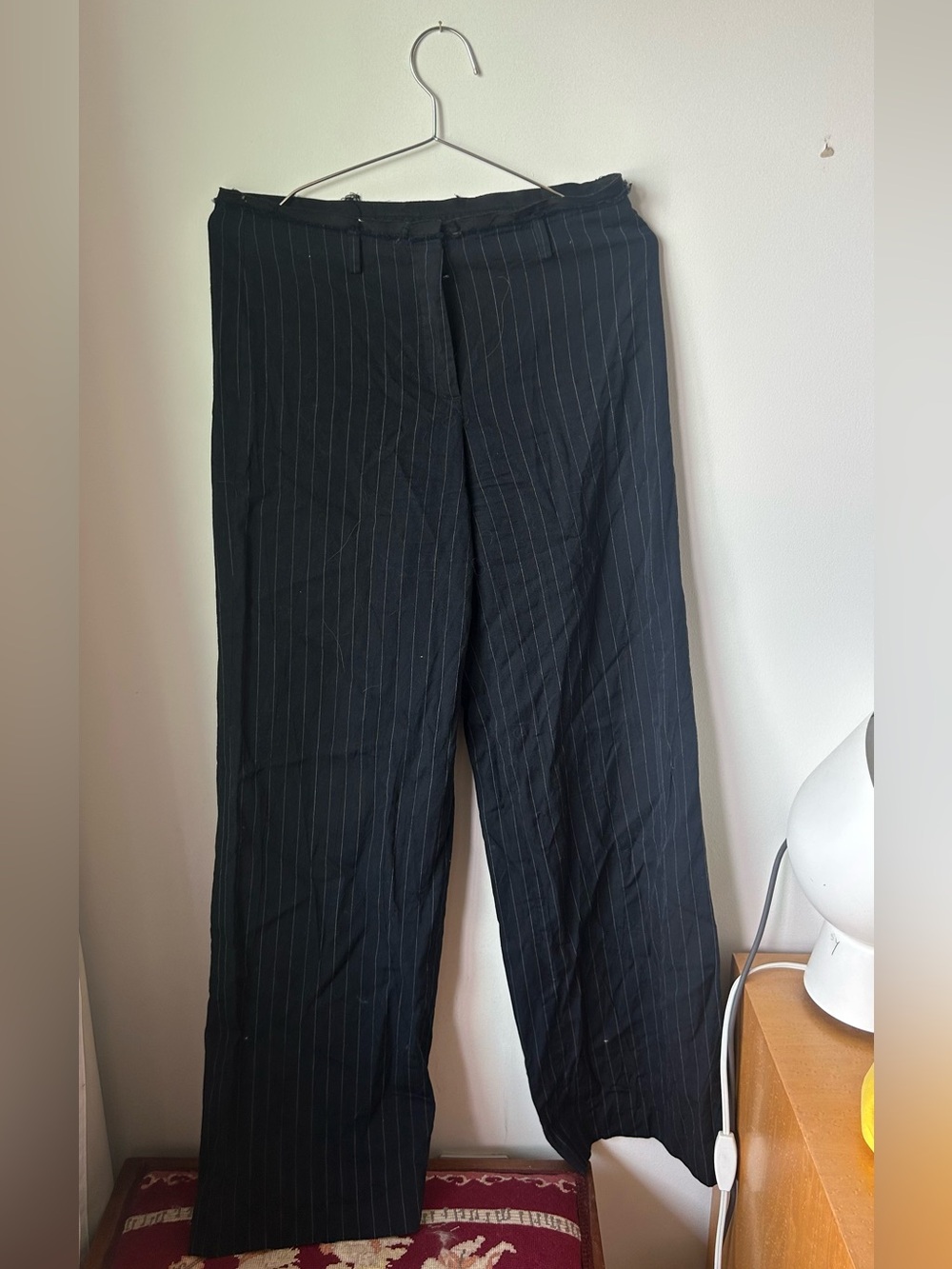 Navy Pinstripe Wide-Leg Trousers